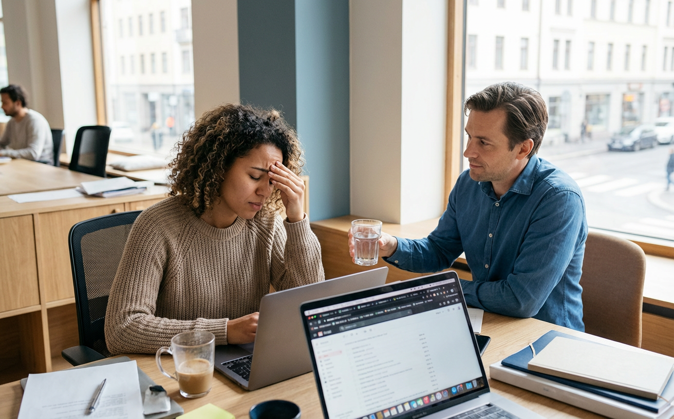 Employees in a positive workplace collaboration moment