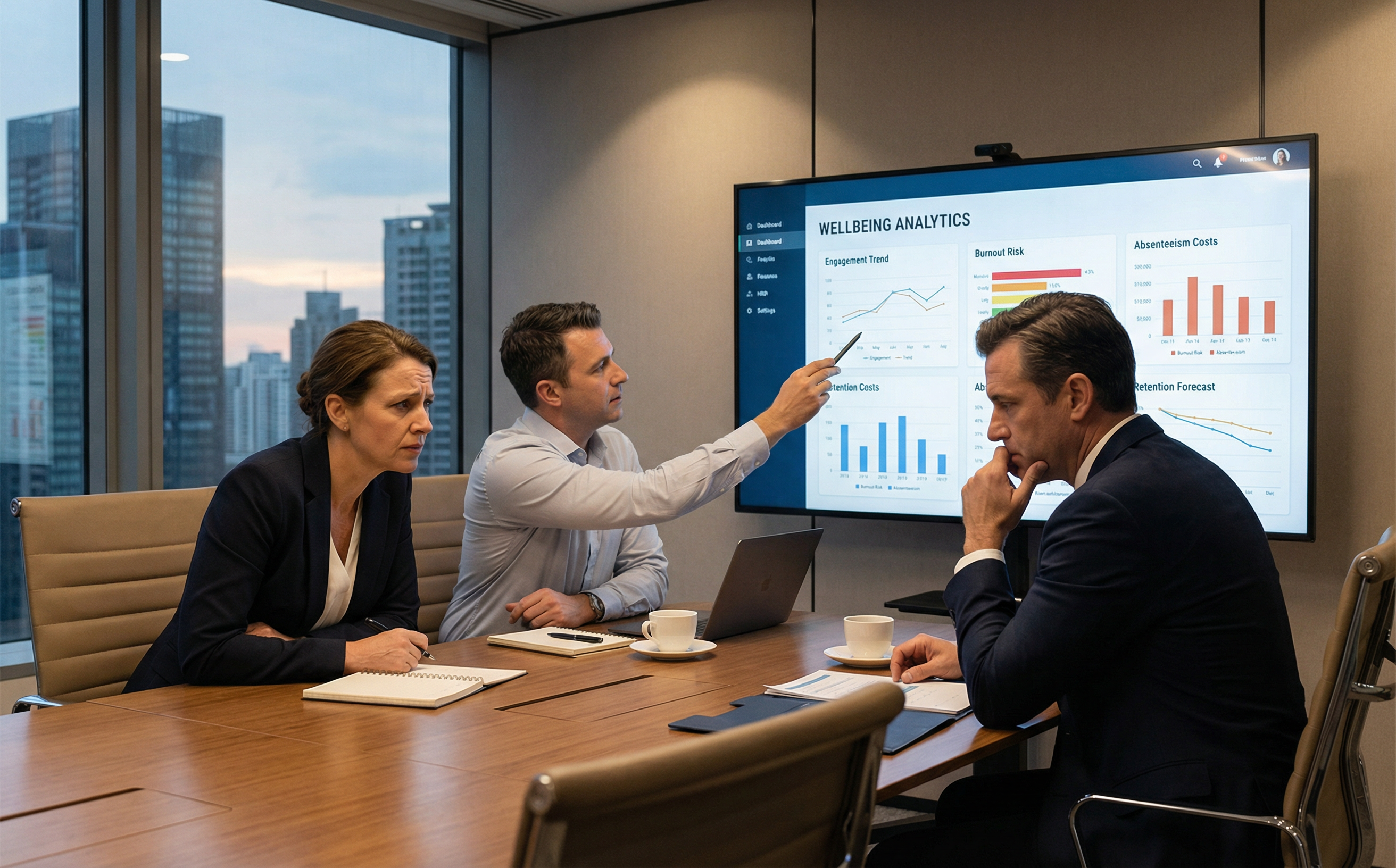 Modern office team meeting focused on organizational well-being